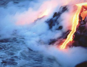 Lava Flowing into the Sea Forming Rock